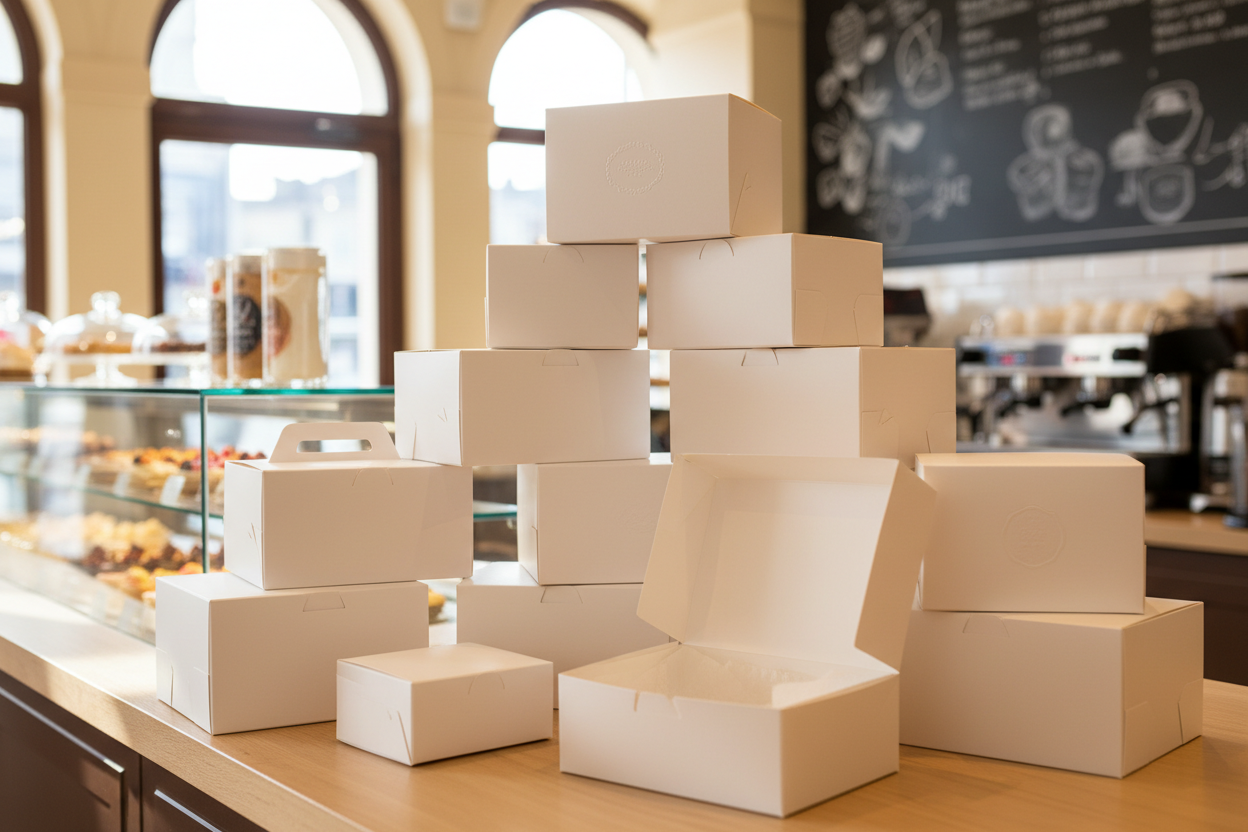 génère moi une image avec pleins de boîtes pâtissières blanche utilisées dans une boulangerie 